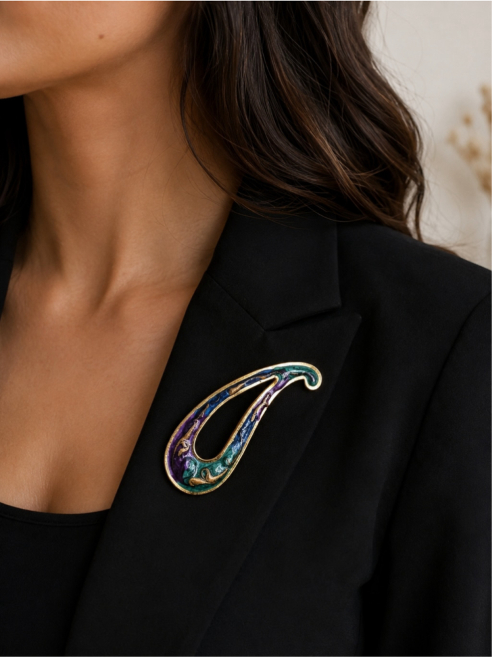 Vintage Abstract Enamel Brooch – Gold Tone Blue, Purple & Teal Art Nouveau Style
